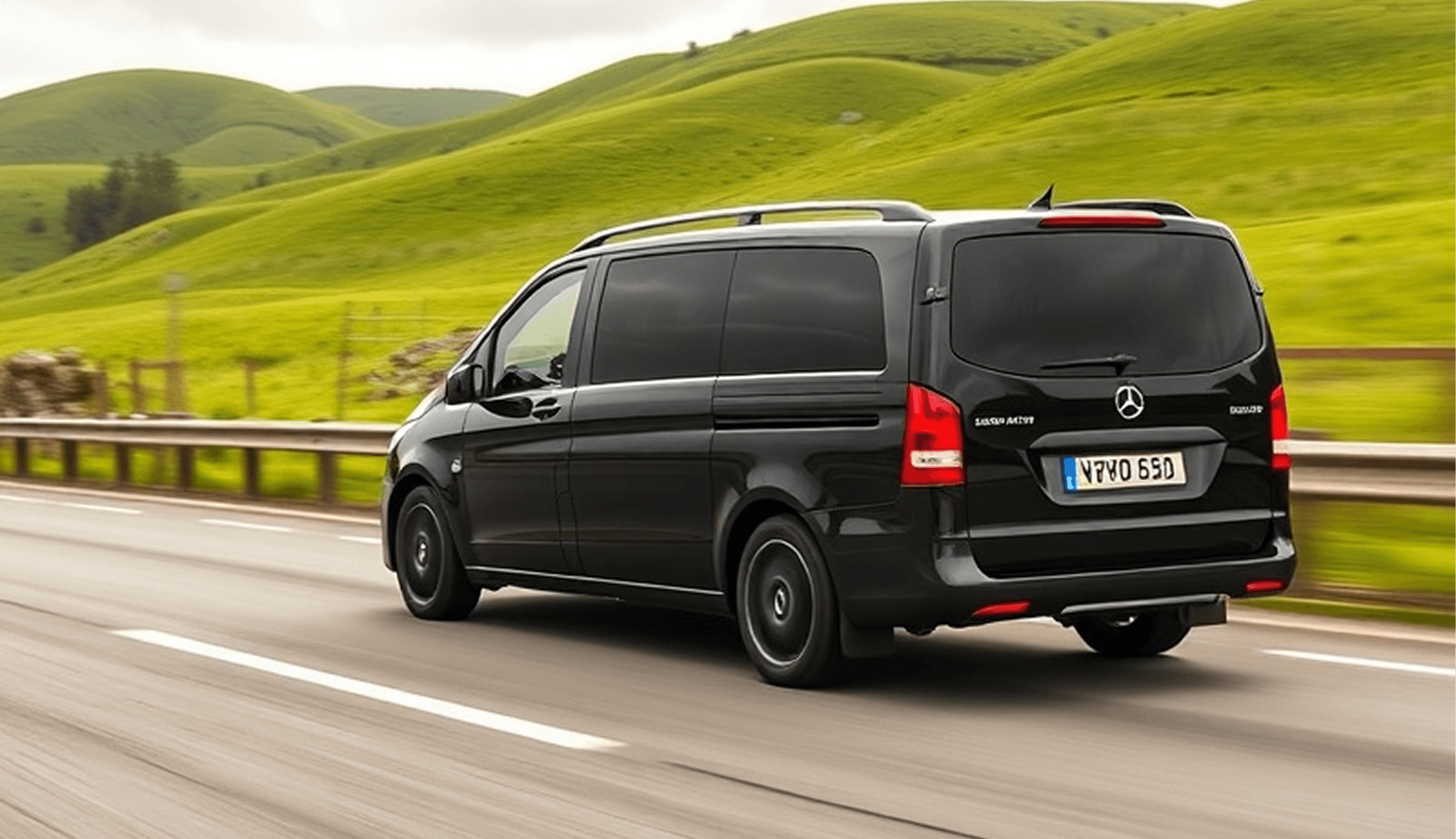 Mercedes V-Class driving through countryside between Leeds and Manchester