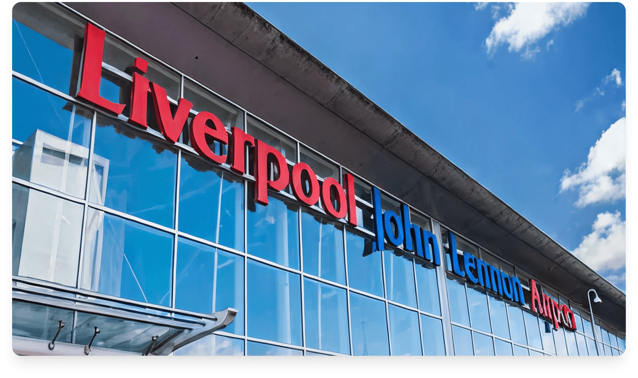 Liverpool John Lennon Airport exterior with airplane tail